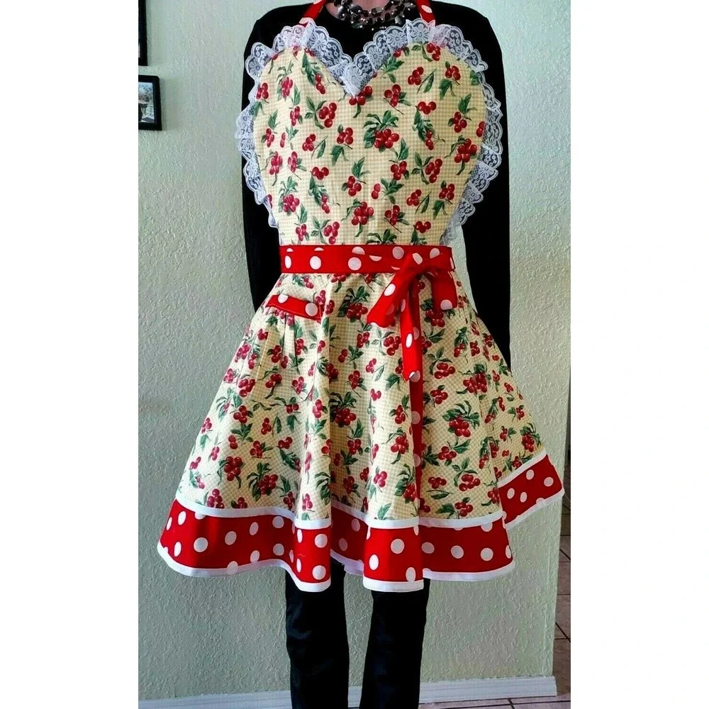 Women's Vintage style BIB APRON Cherries /Polka dots Pattern 1 Pocket - Picture 1 of 5